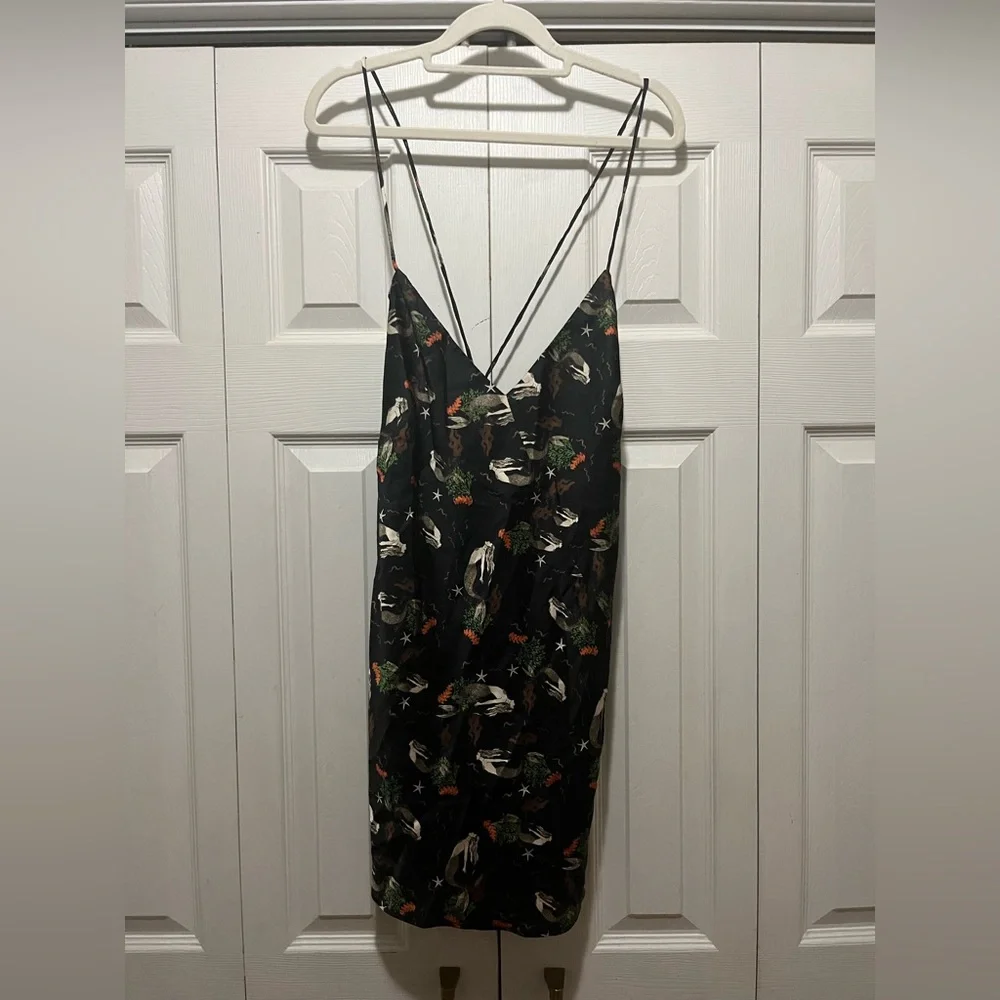 Zara Satin Effect Slip Dress Vintage Mermaid Print Black - Picture 3 of 6